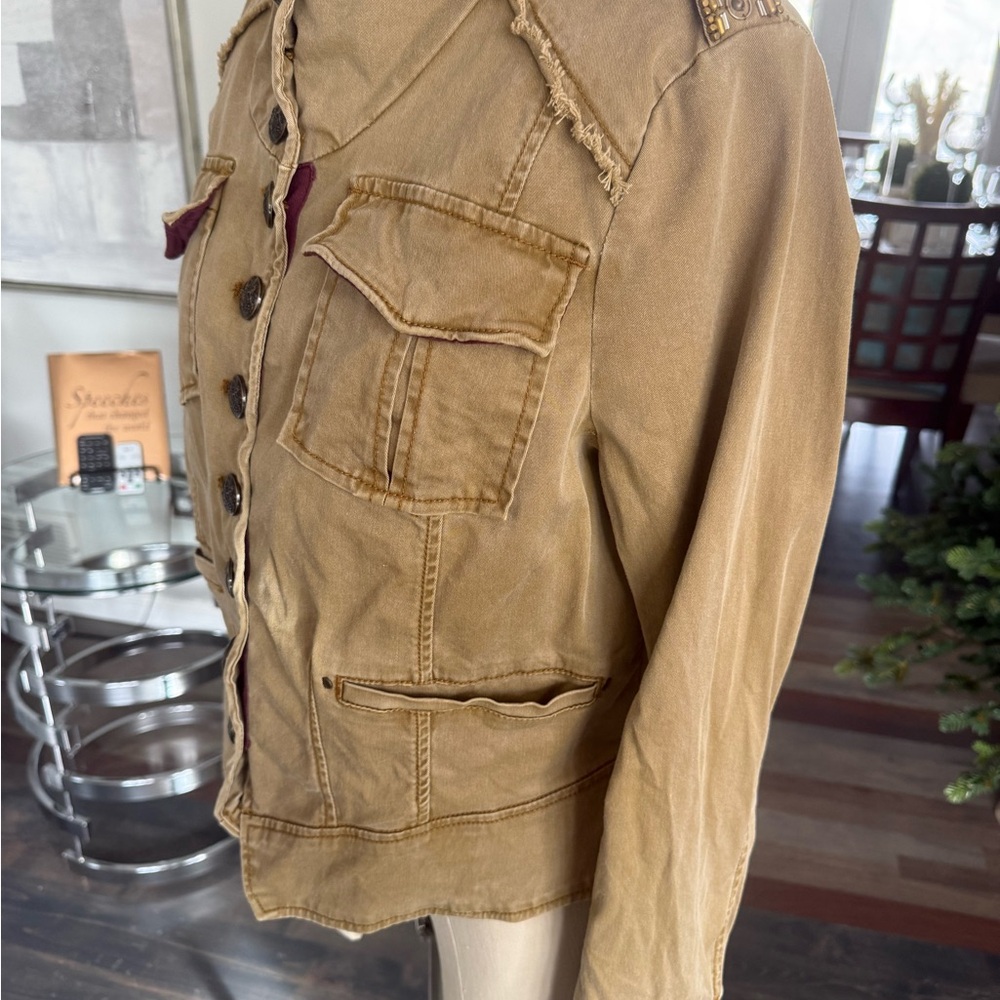 Free People Women’s Khaki Utility Military Style Jacket With Button Closure. L - Picture 7 of 13